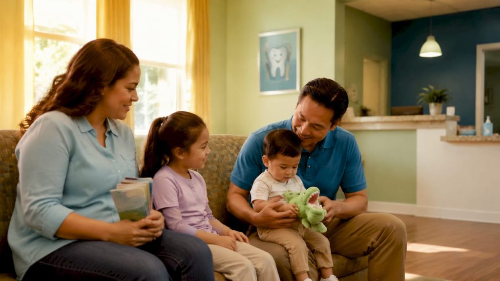 Family waiting in dental clinic lobby
