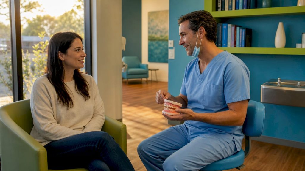 Dentist consulting female patient in dental office