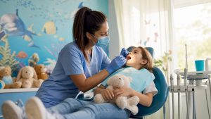 Dental hygienist cleaning child's teeth in clinic