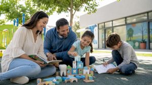 Family in dental clinic scheduling checkup