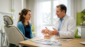 Dentist consulting patient about smile makeover