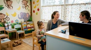 Toddler and parent in pediatric dental waiting area