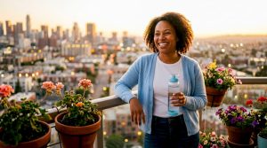 Confident woman smiling outdoors with healthy teeth