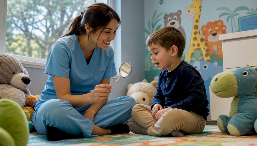 Dentist explaining dental tools to young boy