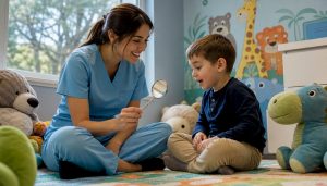 Dentist explaining dental tools to young boy