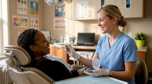 Dentist consulting patient in dental clinic