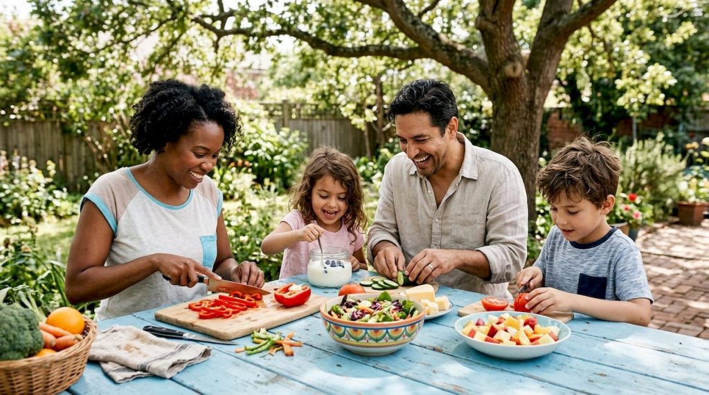 Family preparing nutritious meal for dental health