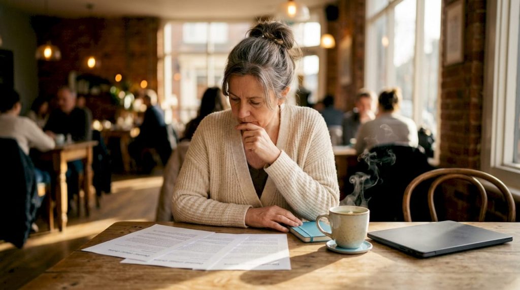 Woman reading dental clinic reviews at home table