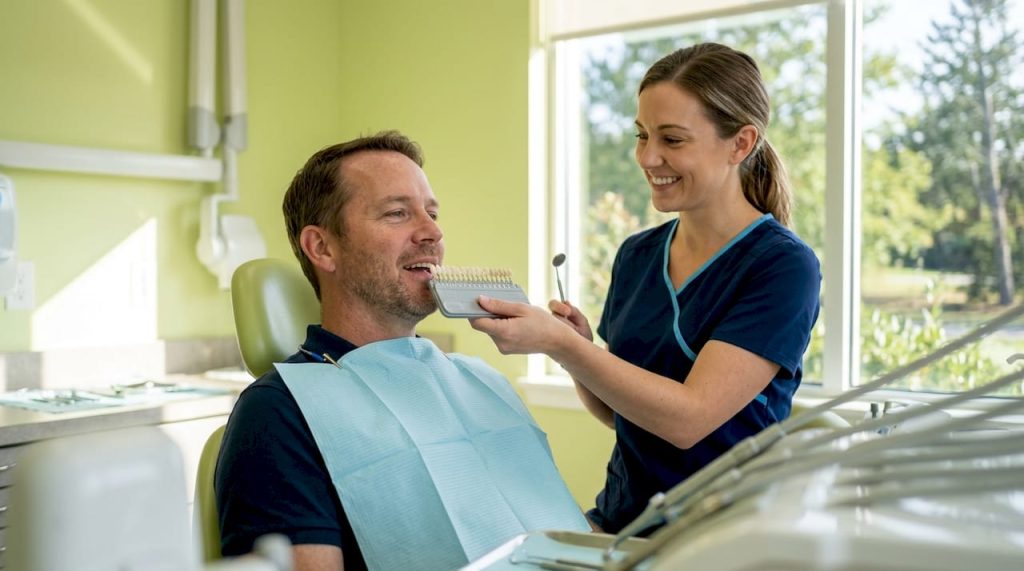 Dental hygienist showing teeth shade guide to patient