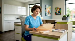 Dentist reviewing patient files at clinic desk