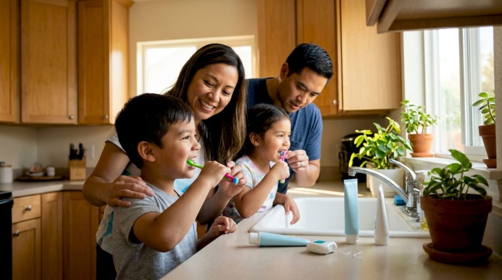 Family brushing teeth together in bathroom