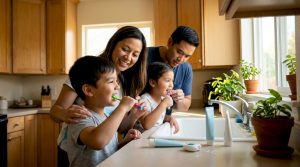 Family brushing teeth together in bathroom