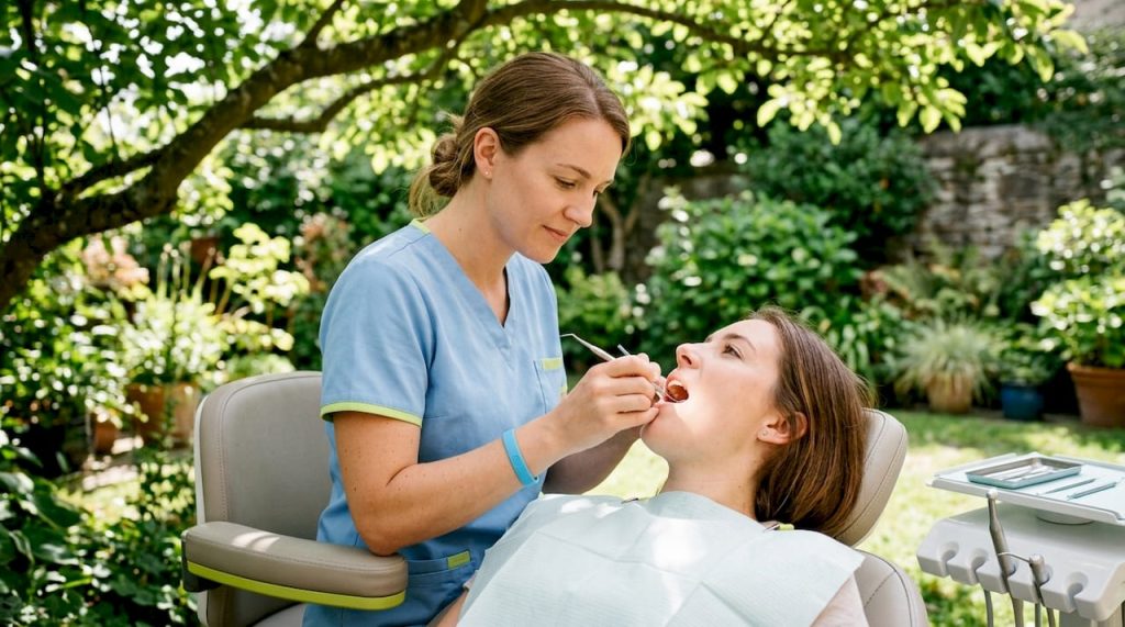 Dental hygienist cleaning patient teeth