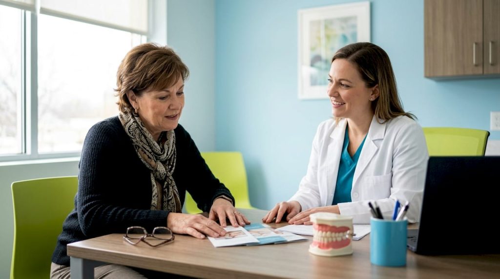 Patient consulting dental health plan specialist