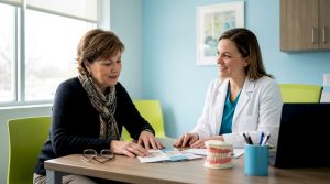 Patient consulting dental health plan specialist