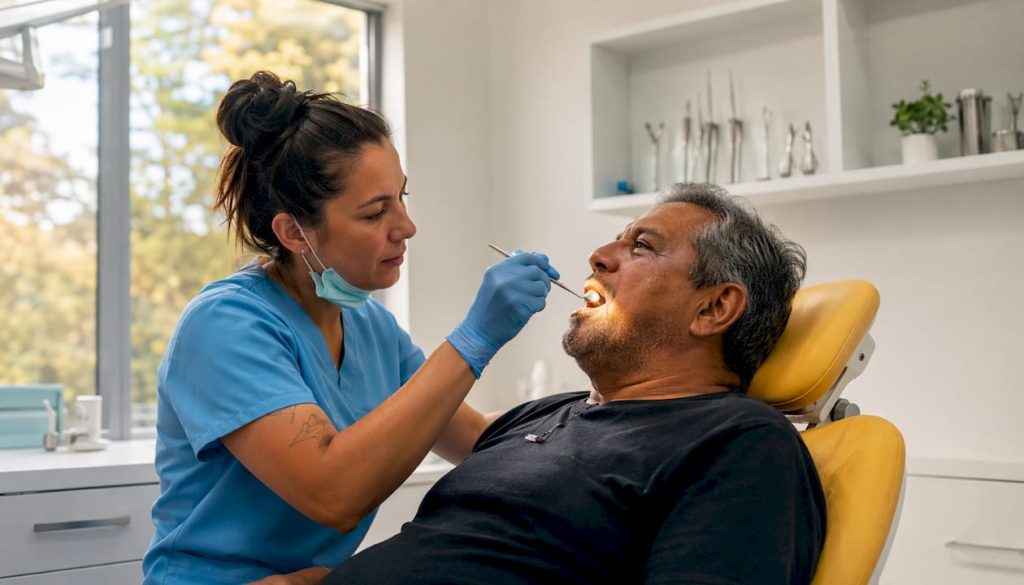 Dental hygienist performing oral health screening