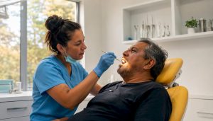 Dental hygienist performing oral health screening