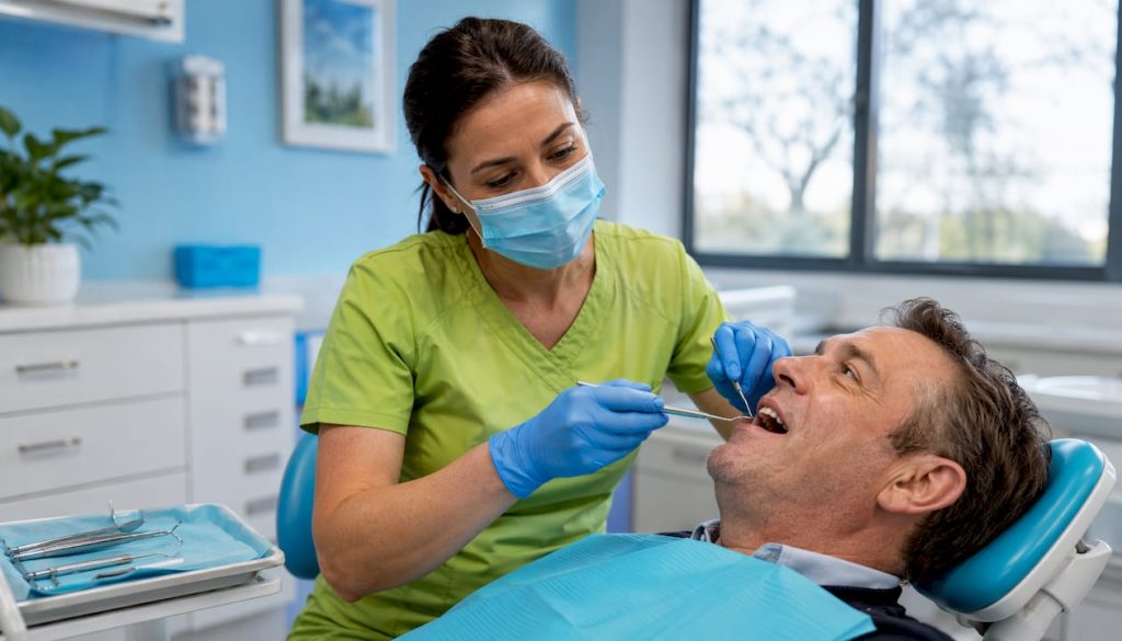 Dentist examining male patient’s teeth