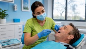 Dentist examining male patient’s teeth