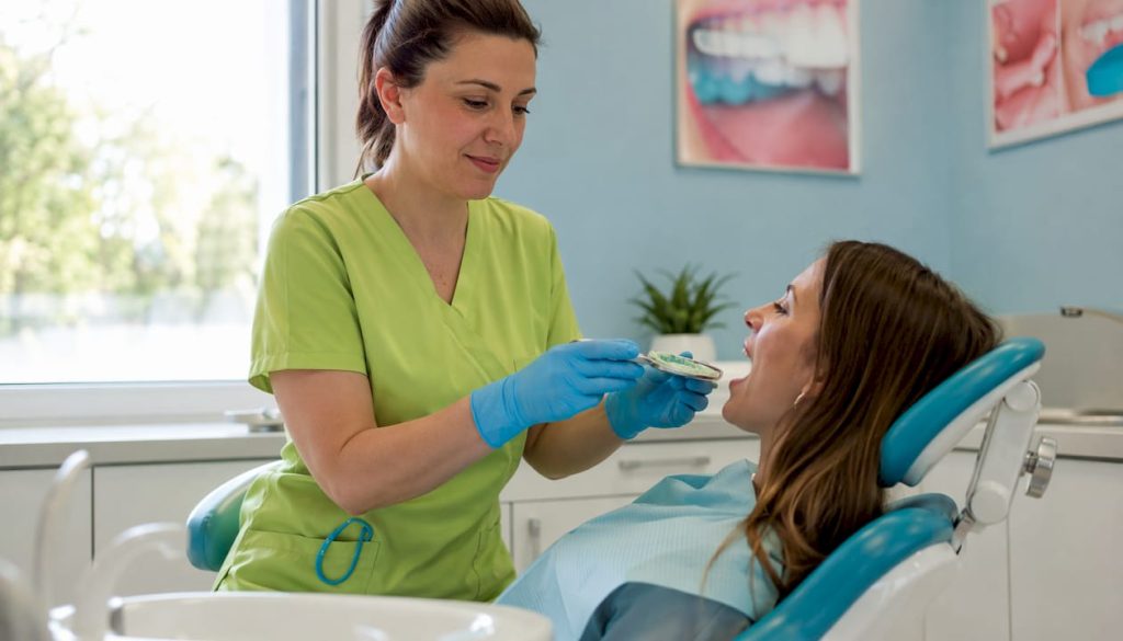 Dental hygienist preparing dental impression for patient