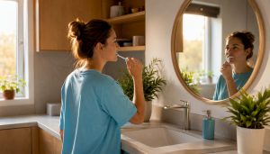Woman brushing teeth at bathroom vanity