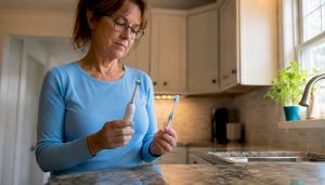 Woman comparing electric and manual toothbrushes