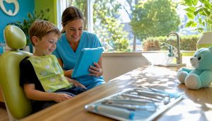 Child distracted with tablet during dental visit