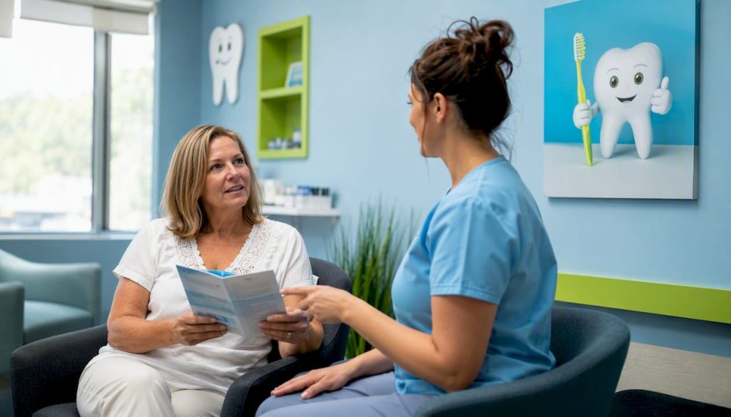 Patient receiving tooth filling recovery advice from dentist