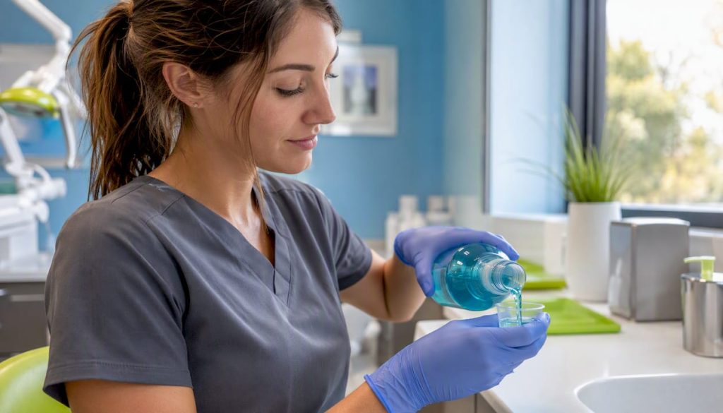 Filling cup with antibacterial rinse after dental cleaning